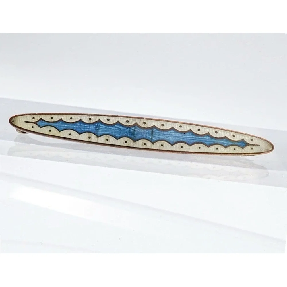 Antique Victorian Guilloche Enamel Bar Pin Blue White Brass Brooch Edwardian
